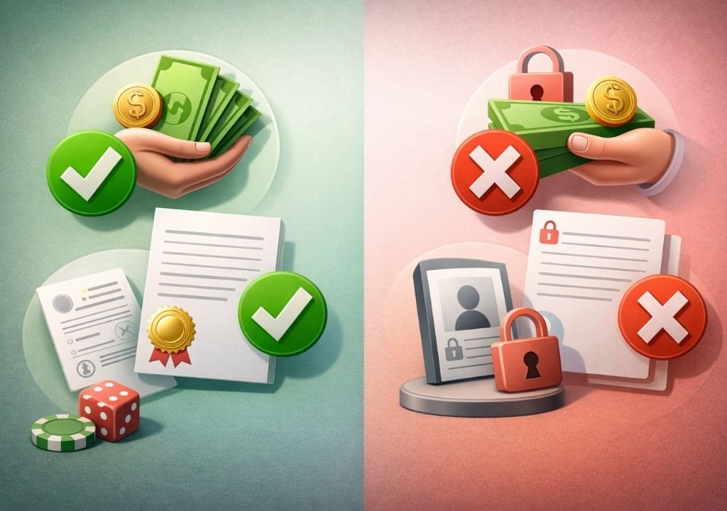 온라인 카지노 라이선스가 보장하지 않는 출금 문제와 약관 분쟁을 비교해 보여주는 이미지
