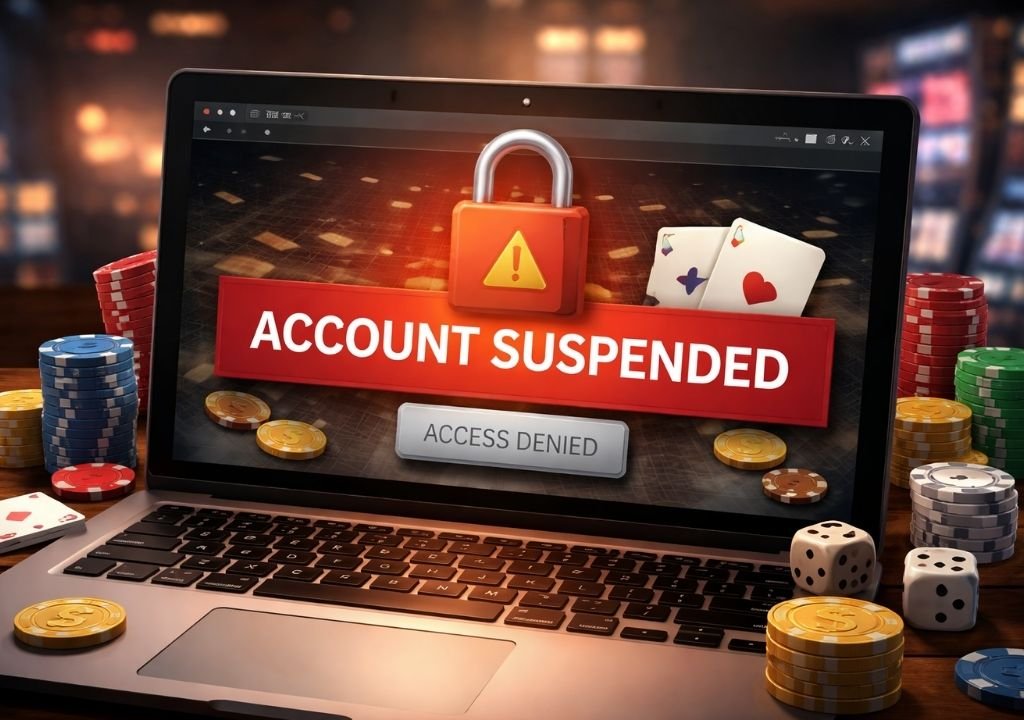 온라인 카지노 사이트 계정 정지로 인해 로그인 접근이 차단되고 보유 머니 사용이 제한되는 상황을 상징적으로 표현한 이미지