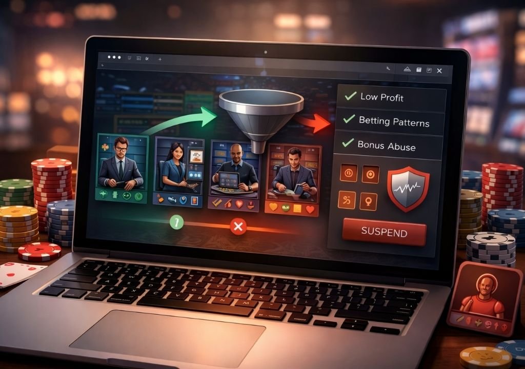 온라인 카지노 사이트 계정 정지와 연결되는 유저 선별 과정으로, 플레이 패턴과 수익성 기준에 따라 계정이 분류되는 구조를 상징적으로 표현한 이미지