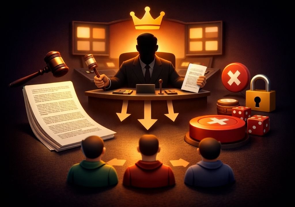 온라인 카지노 약관 해석 권한이 운영사에 집중된 구조를 표현한 이미지