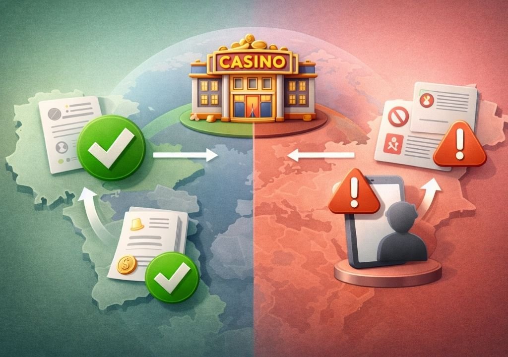 온라인 카지노 라이선스와 국가별 이용 합법성 차이를 설명하는 이미지