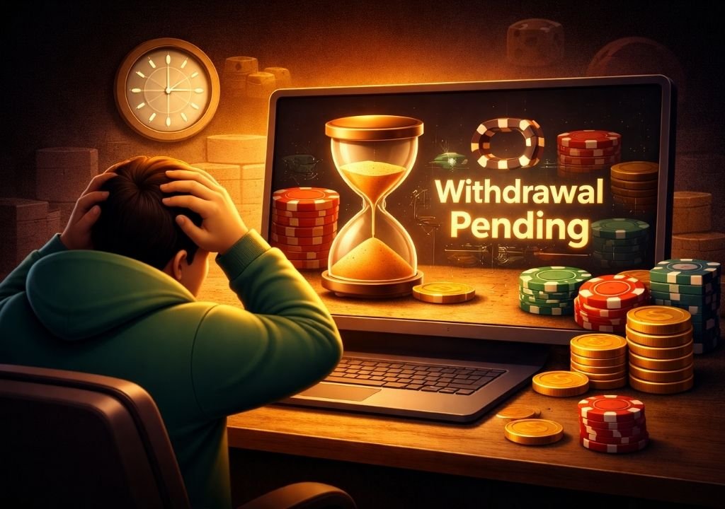 온라인 카지노 출금 지연이 반복되는 구조적 문제를 표현한 이미지