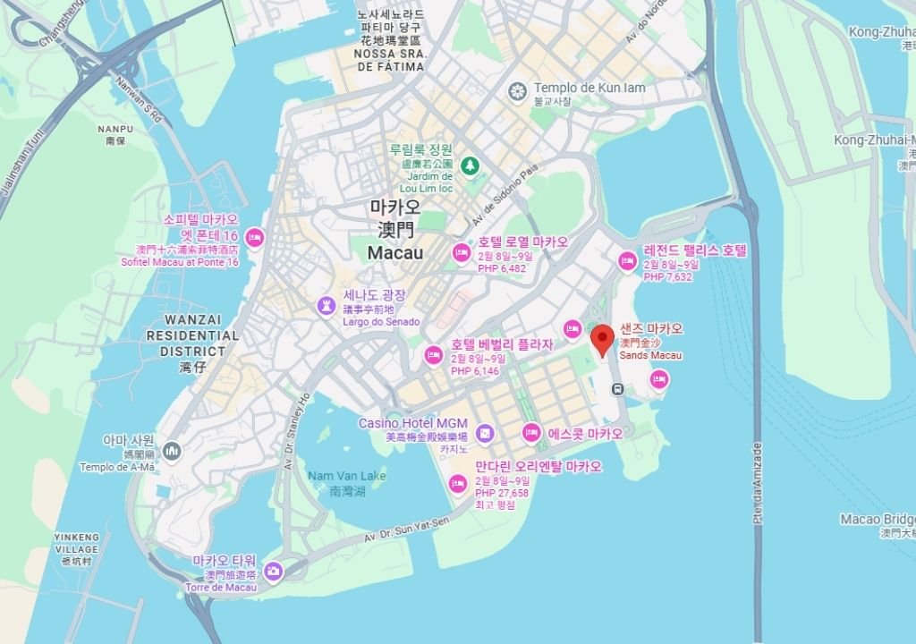 샌즈 카지노 마카오 위치 지도 – 세나도 광장과 가까운 마카오 반도 카지노 리조트