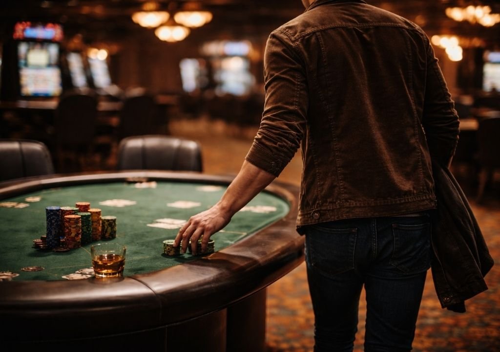 카지노 테이블에 칩을 내려놓고 자리를 떠나는 남자의 모습, 도박 중독 예방과 책임 있는 플레이를 상징하는 장면