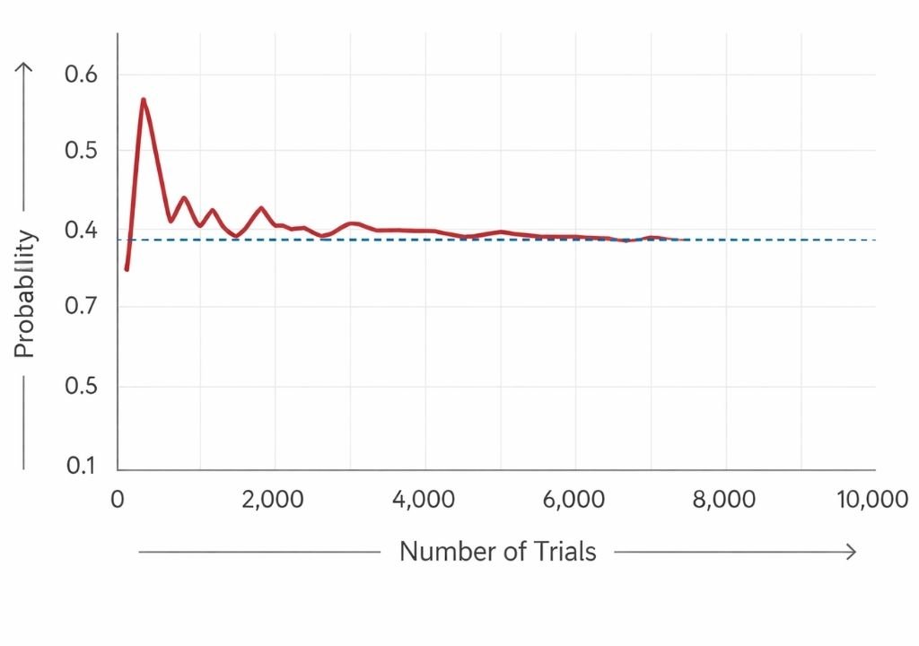 시행 횟수 증가에 따라 확률이 수렴하는 큰 수의 법칙 그래프, 바카라 확률 구조와 통계적 확률 개념 설명 이미지