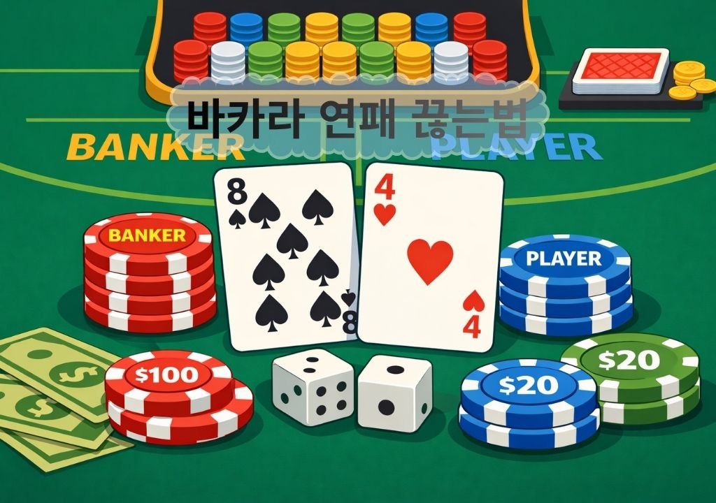 바카라 연패 끊는법을 설명하는 바카라 테이블 카드와 칩 배치 장면