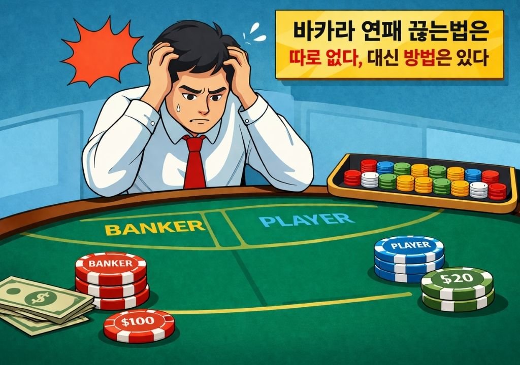 바카라 연패 끊는법 상황에서 고민하는 플레이어와 카지노 테이블 장면