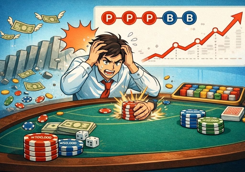 카라 연패 끊는법에서 흐름 착각으로 손실이 커지는 상황을 표현한 카지노 장면