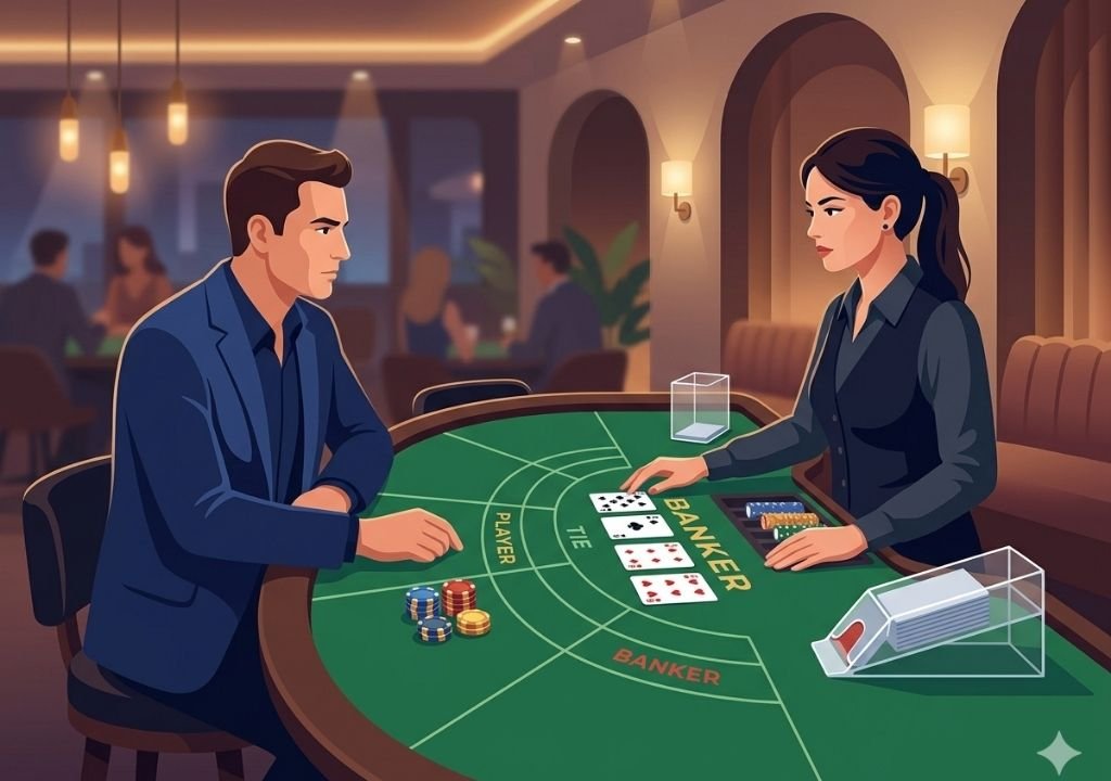 바카라 심리 상황에서 플레이어가 딜러를 바라보며 베팅하는 카지노 테이블 장면