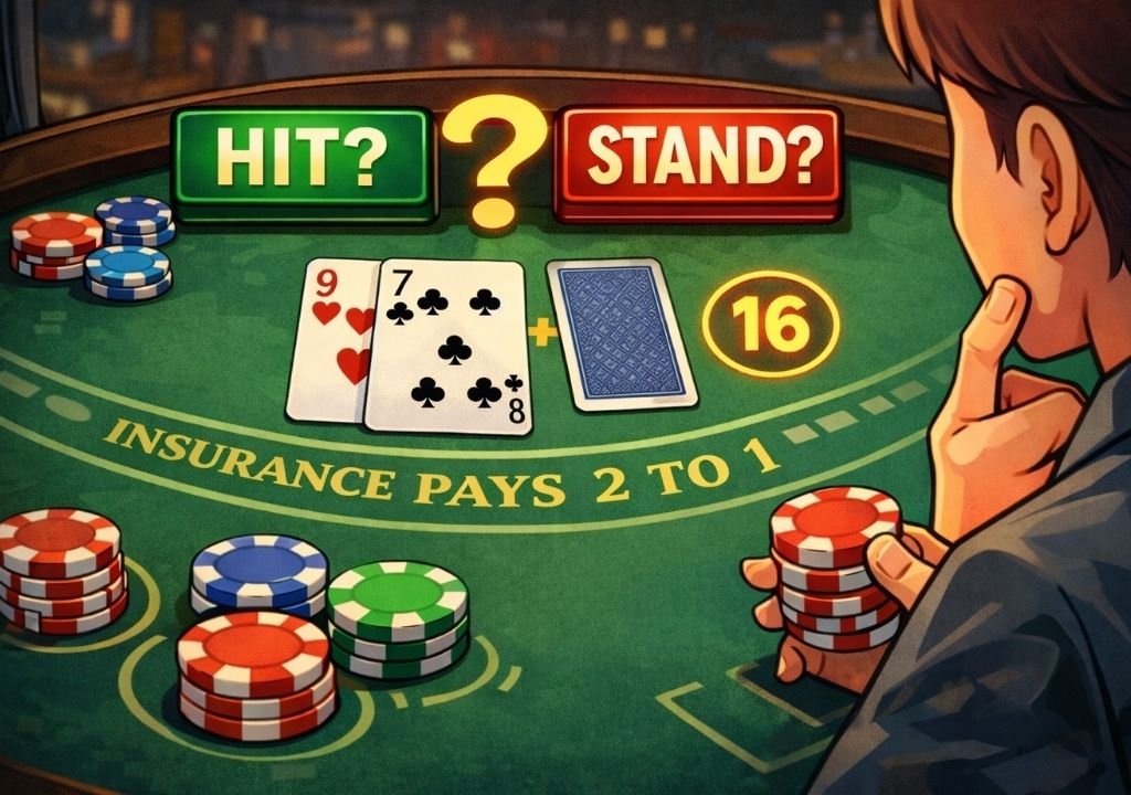 블랙잭 히트 스탠드 기본 판단 기준을 보여주는 플레이어 카드 16과 딜러 카드 상황