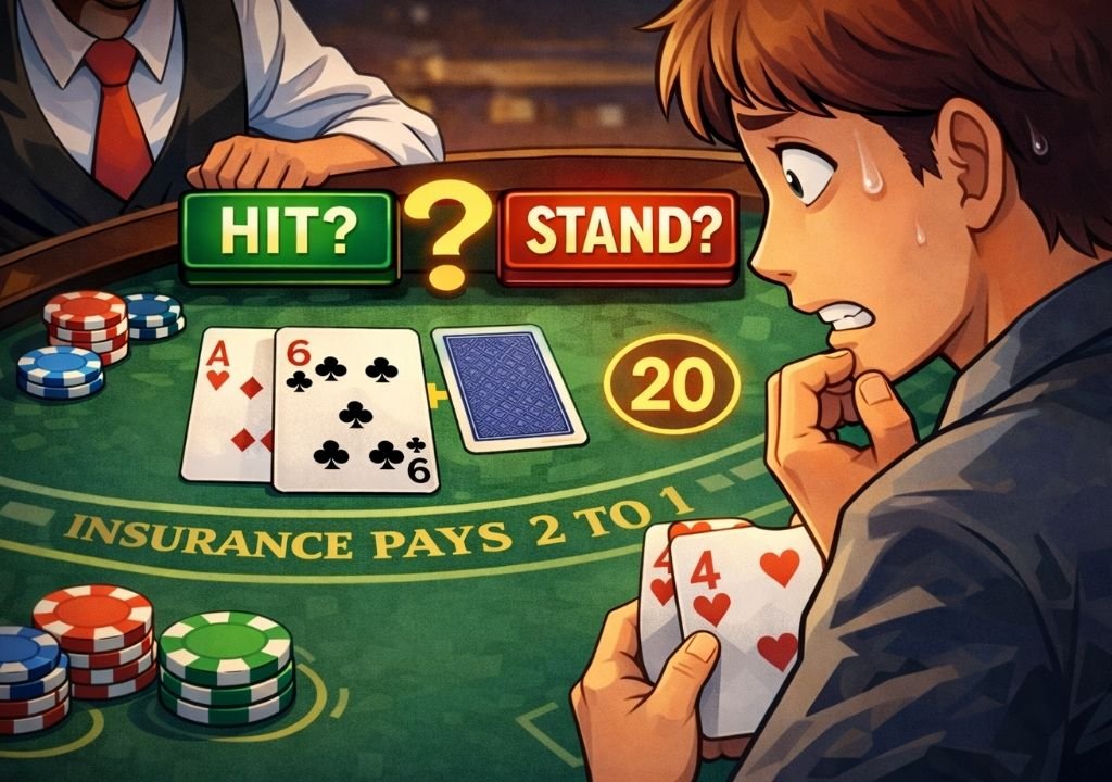 블랙잭 히트 스탠드 선택에서 고민하는 초보 플레이어와 카드 상황
