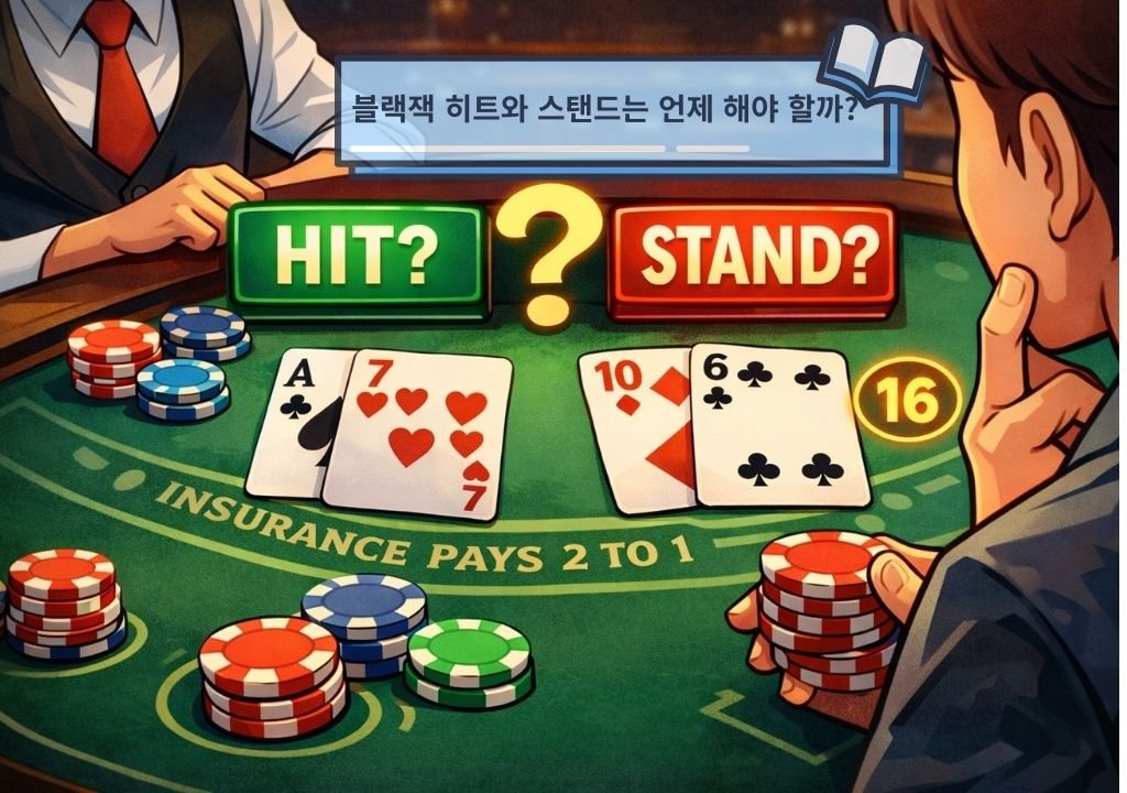 블랙잭 히트 스탠드 기준을 고민하는 플레이어와 딜러 카드 상황