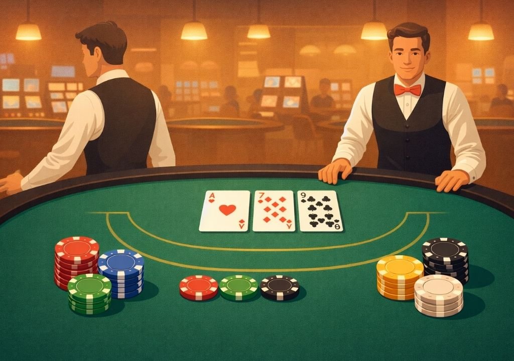 카지노 바카라 테이블에서 딜러 교체가 이루어지는 장면