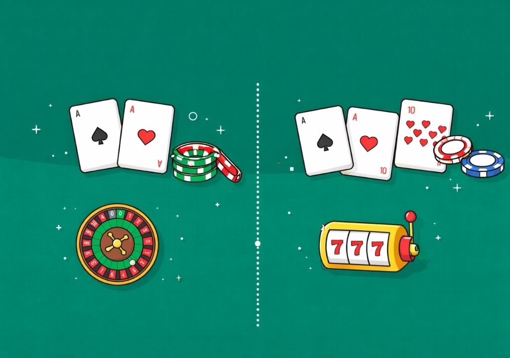 카지노 게임 특징 비교 확률 중심 게임과 전략 중심 게임 설명 이미지