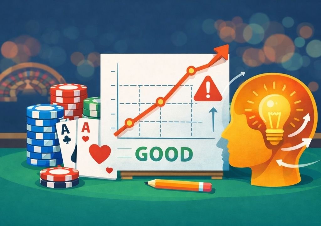카지노 게임 수익 관리에서 심리와 흐름 착각이 위험한 이유를 설명하는 이미지