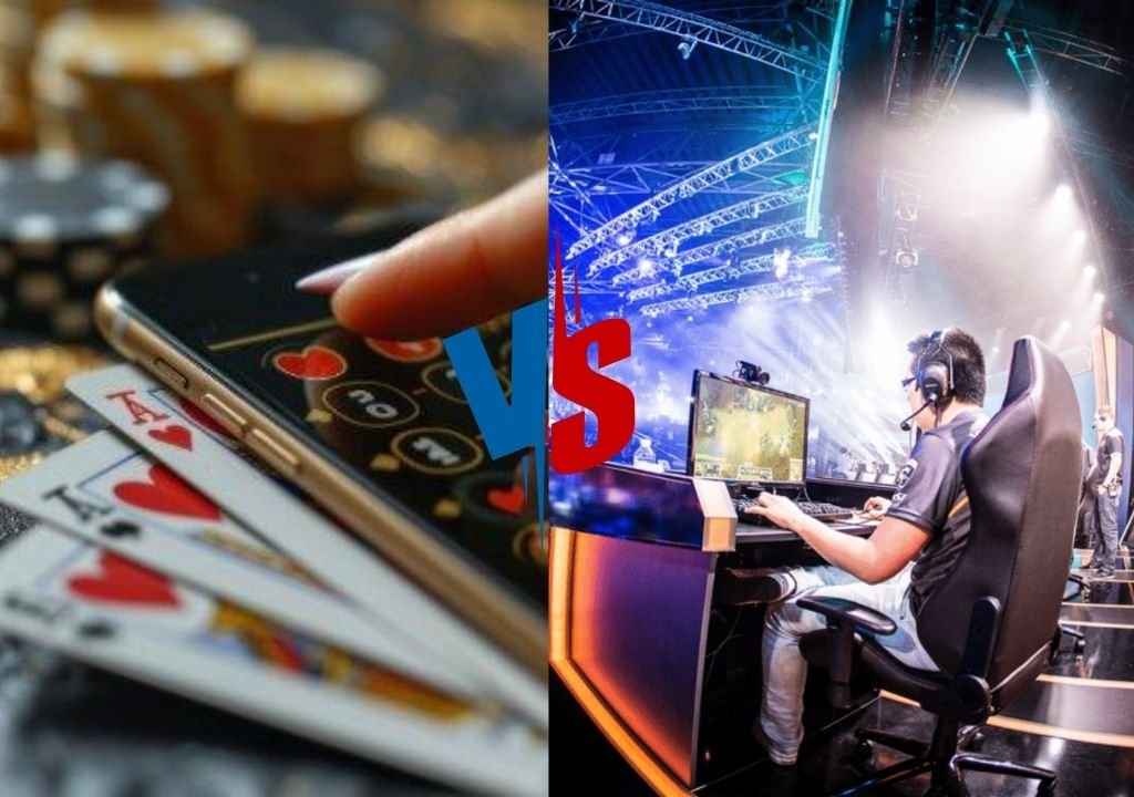 iGaming과 eGaming의 차이를 설명하는 이미지로 온라인 카지노 게임과 e스포츠 게임 산업을 비교