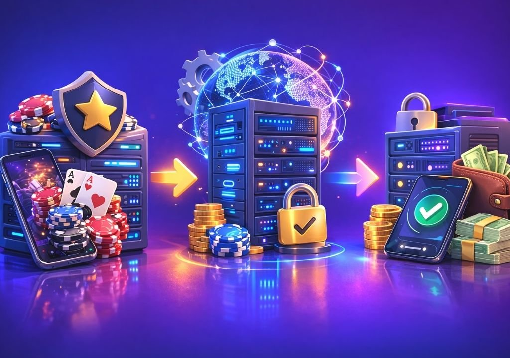 온라인 카지노 운영 구조와 플랫폼 시스템 흐름을 설명하는 이미지