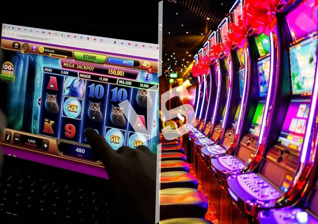 온라인 카지노와 오프라인 카지노 슬롯 머신 구조 차이를 보여주는 비교 이미지