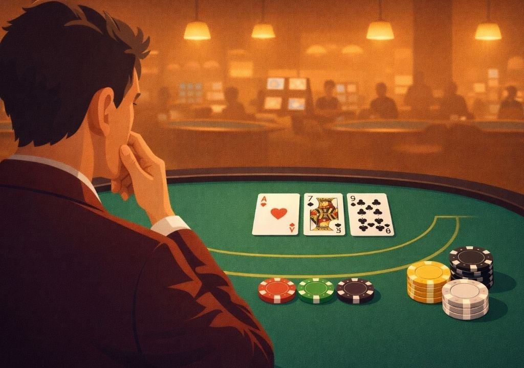 카지노 바카라 테이블에서 신중하게 베팅을 고민하는 플레이어