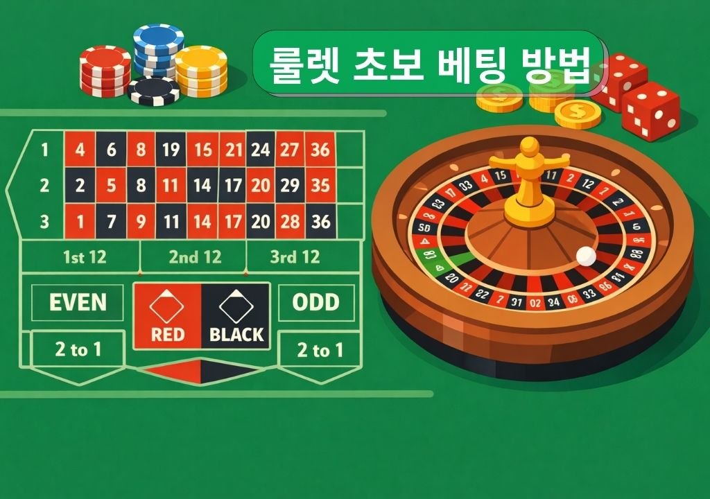 룰렛 초보 베팅 방법에서 외부 베팅 구조를 보여주는 룰렛 테이블 이미지