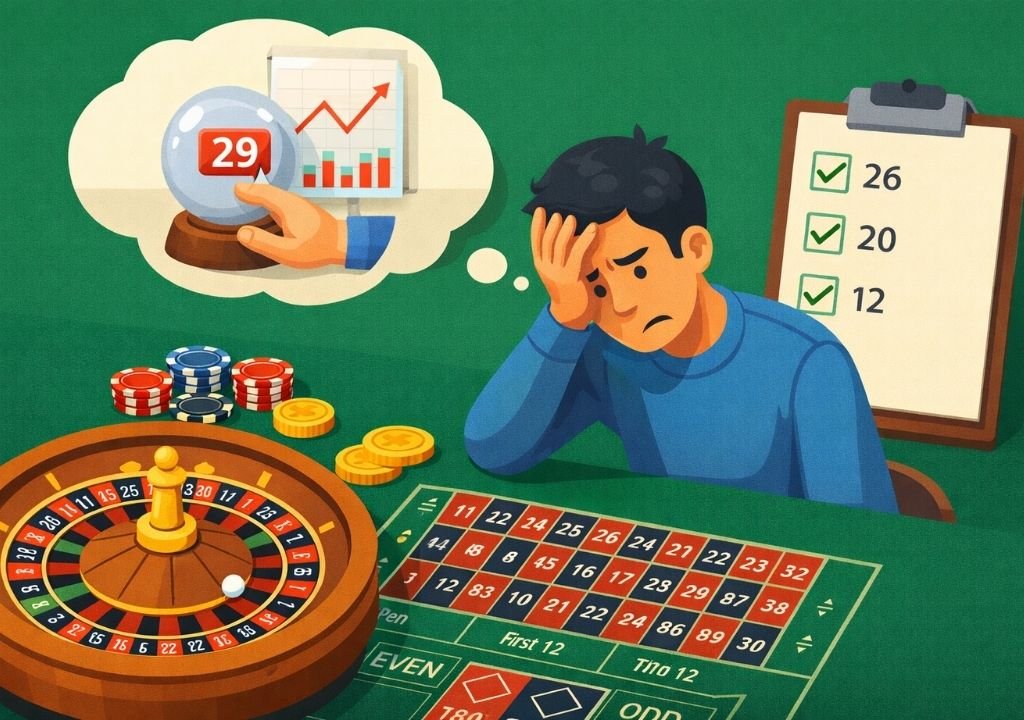 룰렛 초보 베팅 방법에서 자주 발생하는 패턴 착각과 감정 베팅 상황을 보여주는 이미지
