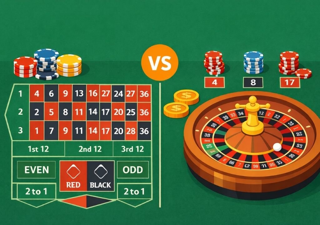 룰렛 초보 베팅 방법에서 외부 베팅과 내부 베팅 구조를 비교한 룰렛 테이블 이미지