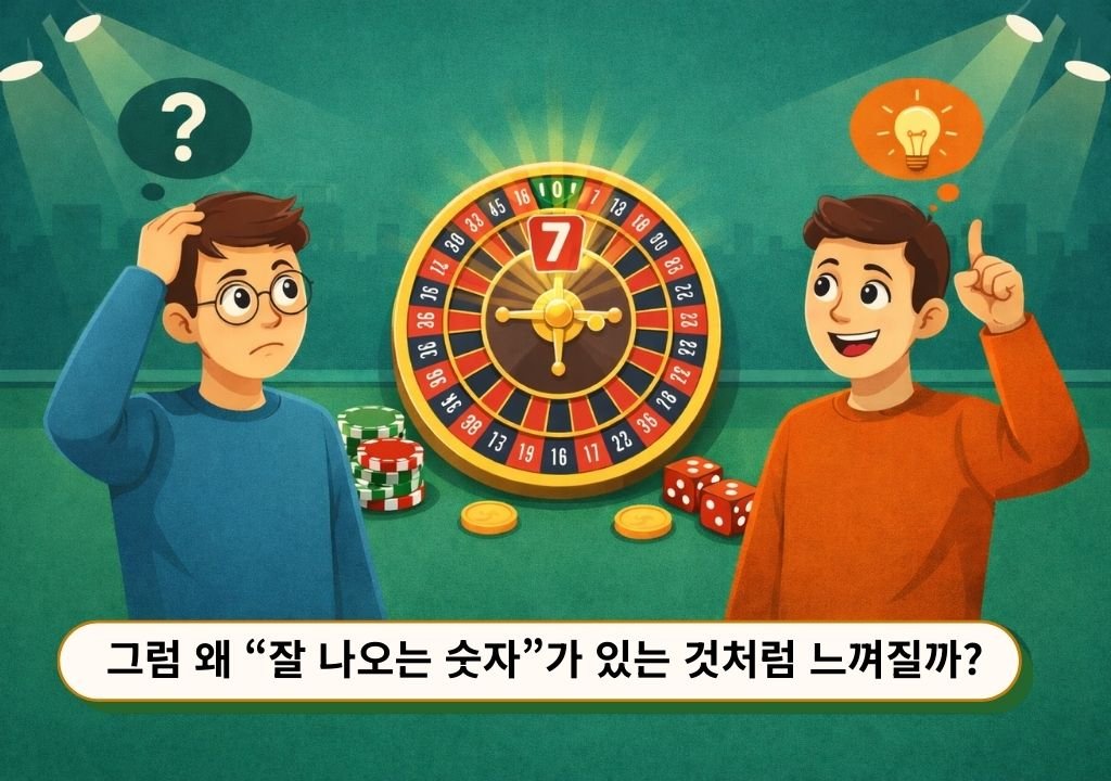 룰렛 확률은 동일하지만 특정 숫자가 잘 나오는 것처럼 느껴지는 심리를 표현한 룰렛 장면