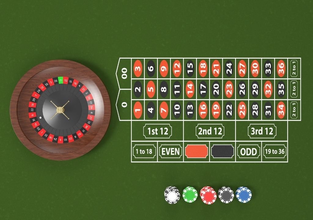 룰렛 테이블과 휠에서 레드 블랙 색상 구간이 표시된 모습으로 룰렛 외부 베팅 전략 중 레드 블랙 베팅 구조를 설명하는 이미지