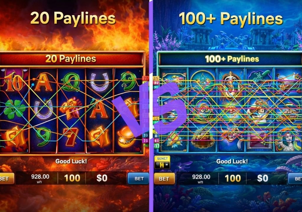 슬롯머신 라인 수 비교 예시 – 20라인 슬롯과 100라인 슬롯 페이라인 구조 차이