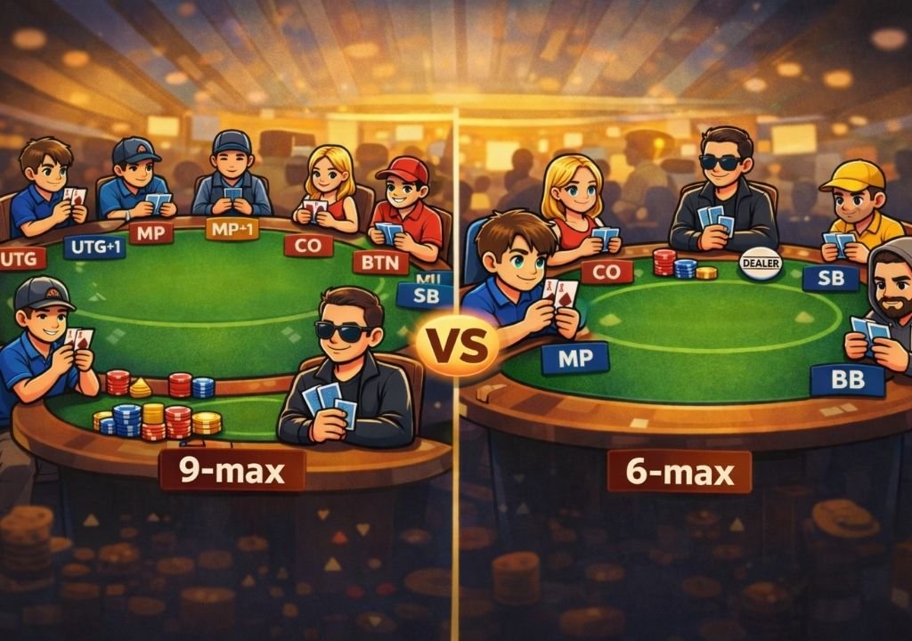 텍사스 홀덤 포지션 전략에서 9인 테이블과 6인 테이블(6-max)의 포지션 구조 차이를 보여주는 이미지