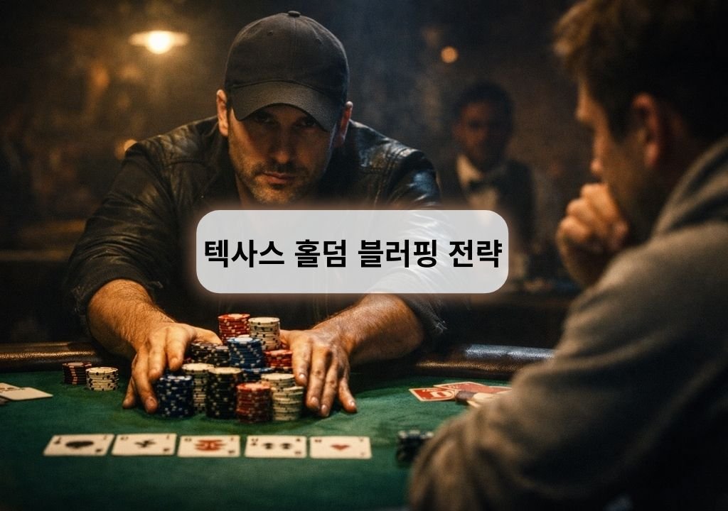 텍사스 홀덤 블러핑 전략 상황에서 칩을 밀어 베팅하는 포커 플레이어