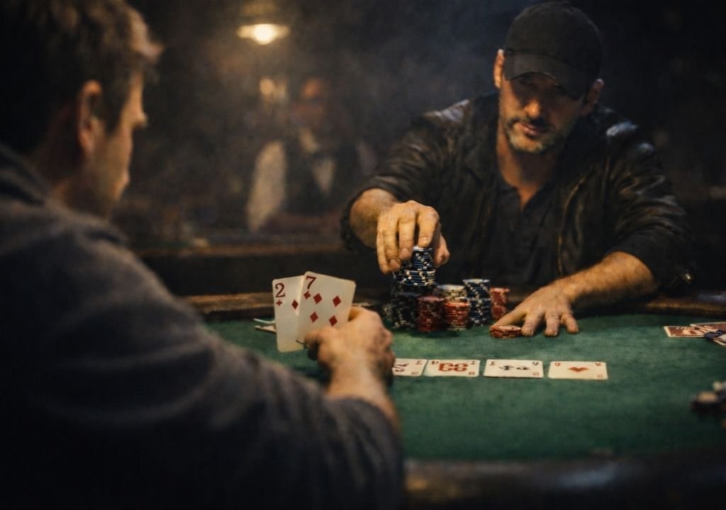 텍사스 홀덤 블러핑 전략 상황에서 약한 패로 베팅을 시도하는 포커 플레이어