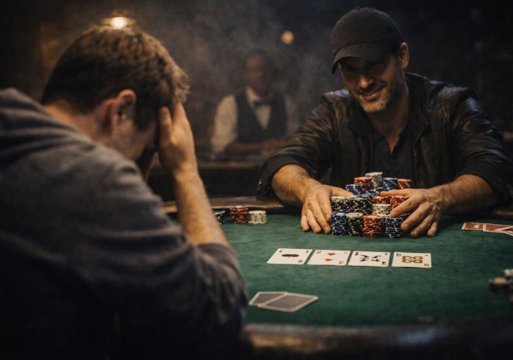 텍사스 홀덤 블러핑 전략이 성공해 상대가 폴드하고 칩을 가져가는 포커 플레이어