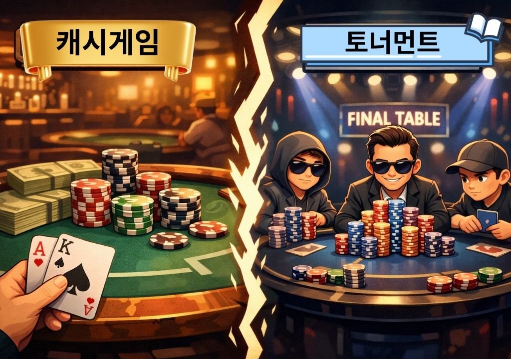 텍사스 홀덤 캐시게임과 토너먼트 전략 구조 차이를 비교한 이미지