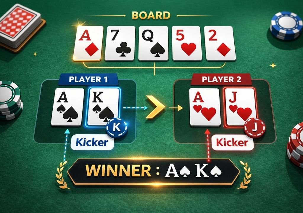 텍사스 홀덤 키커(Kicker) 개념 설명 – 같은 페어 상황에서 키커 카드로 승패가 결정되는 예시