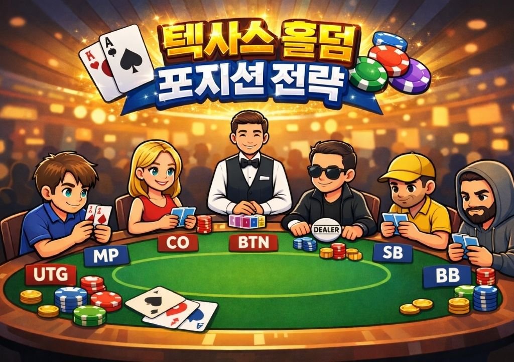텍사스 홀덤 포지션 전략을 설명하는 테이블 배치 구조 이미지로 UTG, MP, CO, BTN, SB, BB 위치를 보여준다