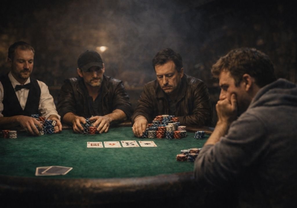 텍사스 홀덤 블러핑 전략에서 중요한 포지션 상황을 보여주는 포커 테이블 장면