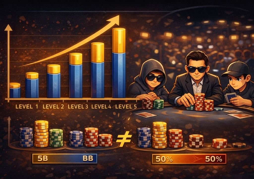 텍사스 홀덤 토너먼트 블라인드 구조 상승으로 스택 압박이 커지는 모습을 표현한 이미지