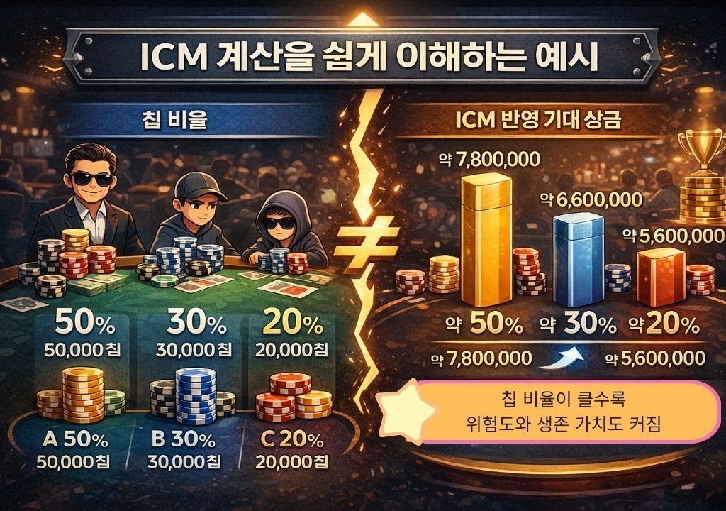 텍사스 홀덤 토너먼트 ICM 계산 예시로 칩 비율과 기대 상금 차이를 비교한 이미지