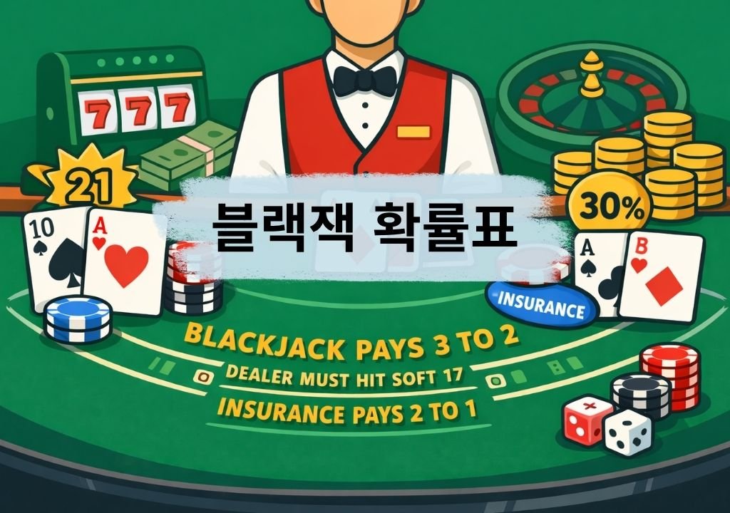블랙잭 확률표 개념을 보여주는 카드와 칩, 딜러 테이블 구성 이미지