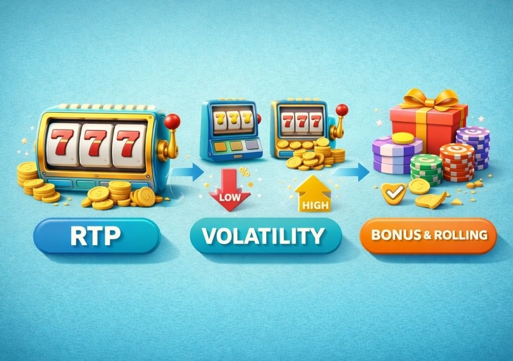 온라인 카지노 핵심 개념인 RTP, 변동성, 보너스 구조를 설명하는 슬롯머신과 코인 이미지