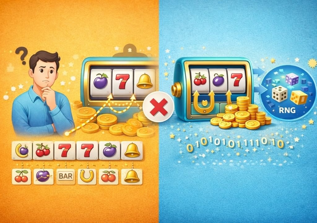 온라인 카지노에서 패턴이 있다고 착각하는 모습과 RNG 기반 무작위 구조를 비교한 이미지