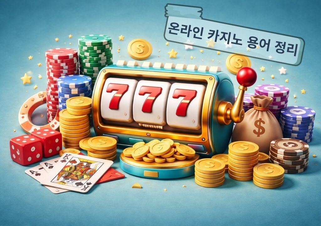 온라인 카지노 용어 개념을 설명하는 슬롯머신과 칩, 코인 이미지