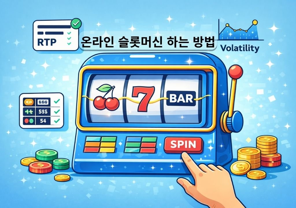 온라인 슬롯머신 하는 방법을 설명하는 슬롯머신 구조와 RTP 변동성 개념 이미지