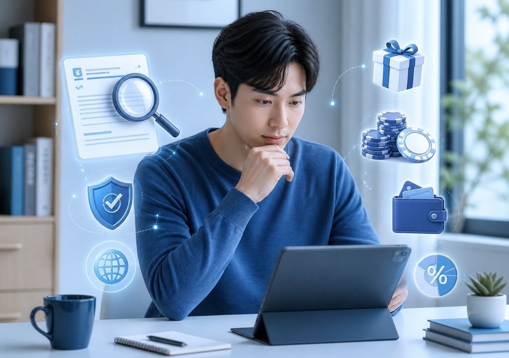 온라인 카지노 용어와 이용 조건을 확인하는 사용자 모습