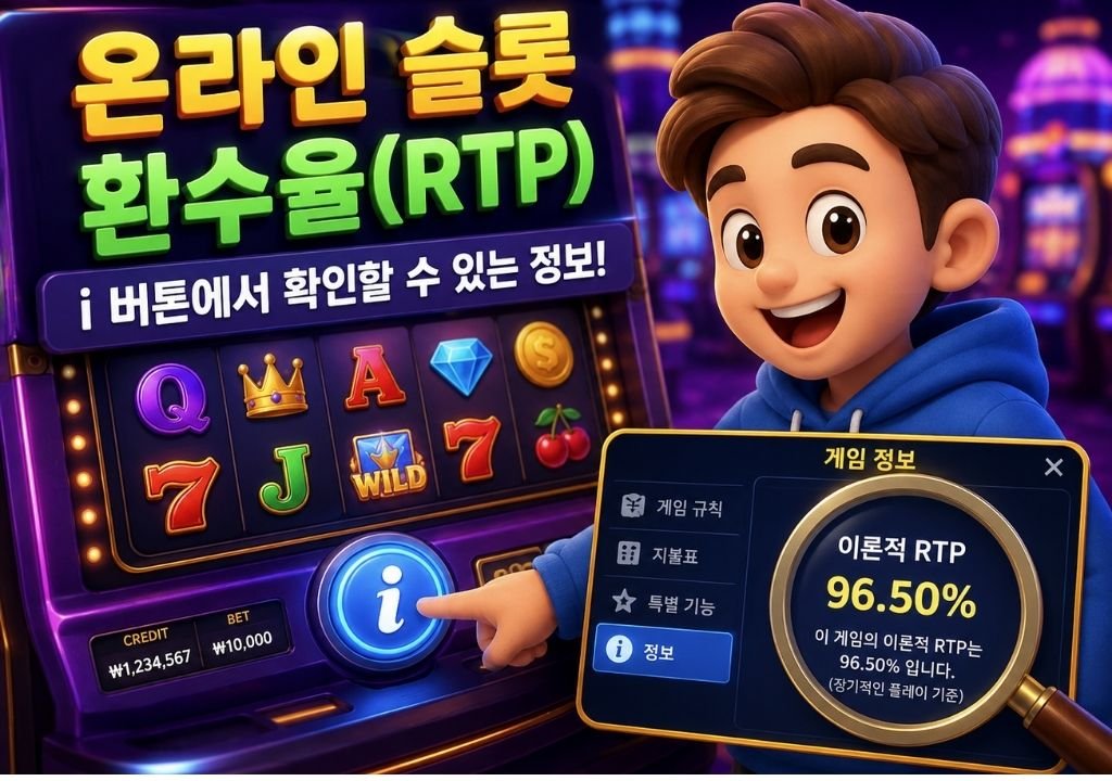 온라인 슬롯 환수율(RTP)을 i 버튼 정보 화면에서 확인하는 모습
