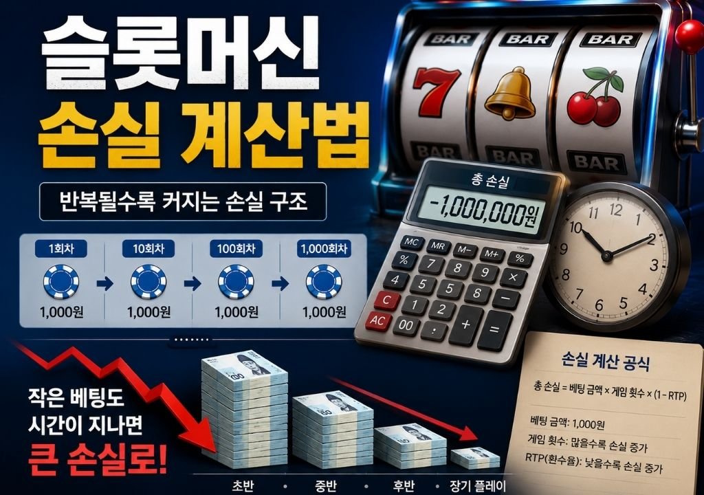 슬롯머신 손실 계산법을 계산기와 반복 베팅 구조로 보여주는 이미지